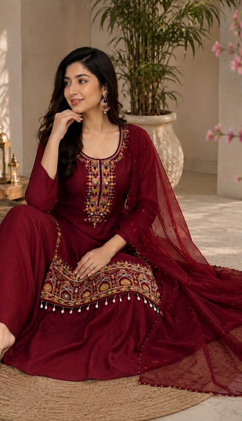 Women Ethnic Motif Embroidered Chinon Kurta Set with Palazzos and Dupatta 