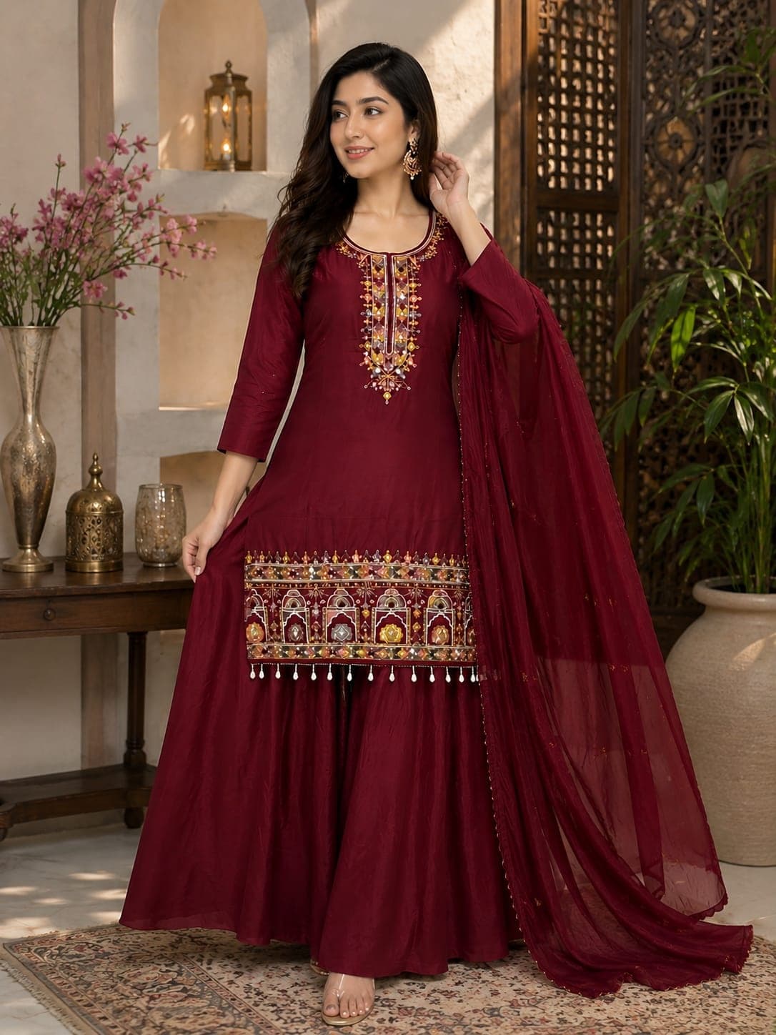 Women Ethnic Motif Embroidered Chinon Kurta Set with Palazzos and Dupatta 