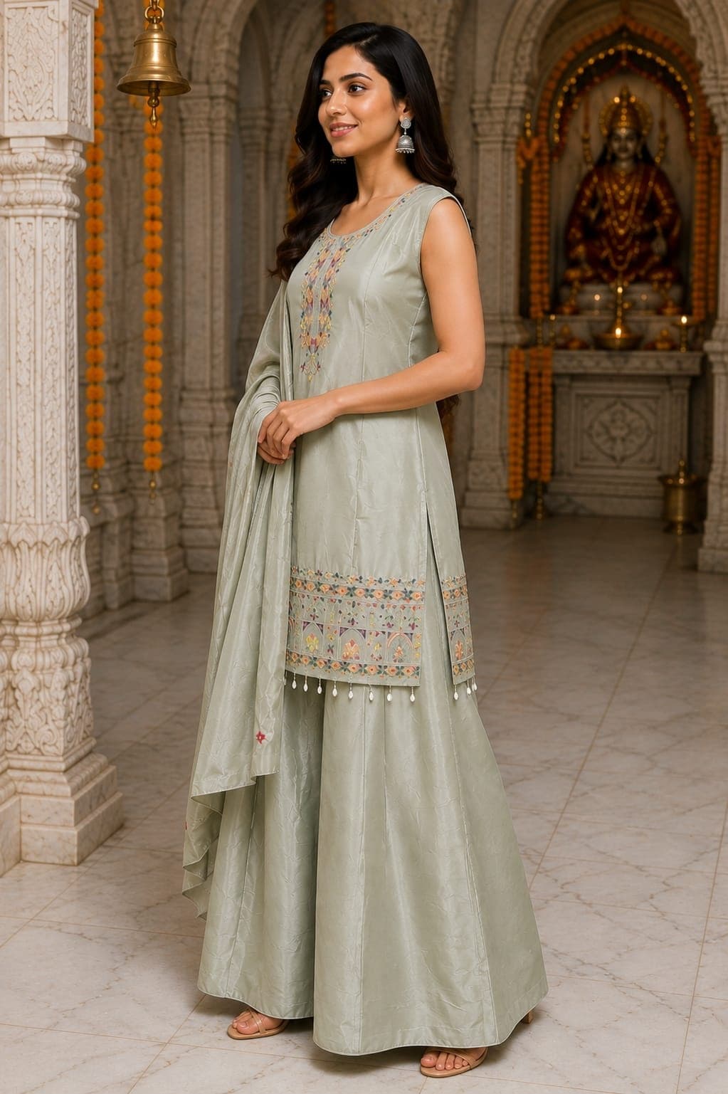 Women Ethnic Motif Embroidered Chinon Kurta Set with Palazzos and Dupatta 