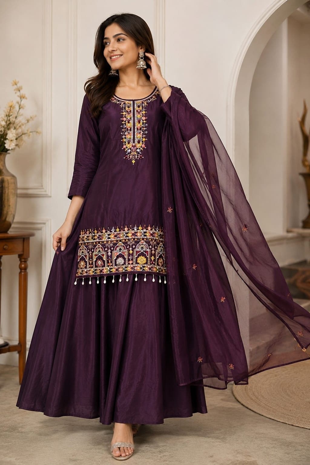 Women Ethnic Motif Embroidered Chinon Kurta Set with Palazzos and Dupatta 