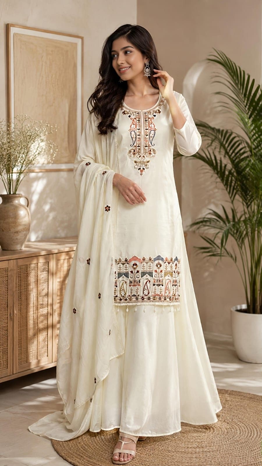 Women Ethnic Motif Embroidered Chinon Kurta Set with Palazzos and Dupatta 