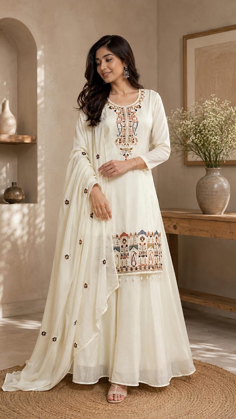 Women Ethnic Motif Embroidered Chinon Kurta Set with Palazzos and Dupatta 