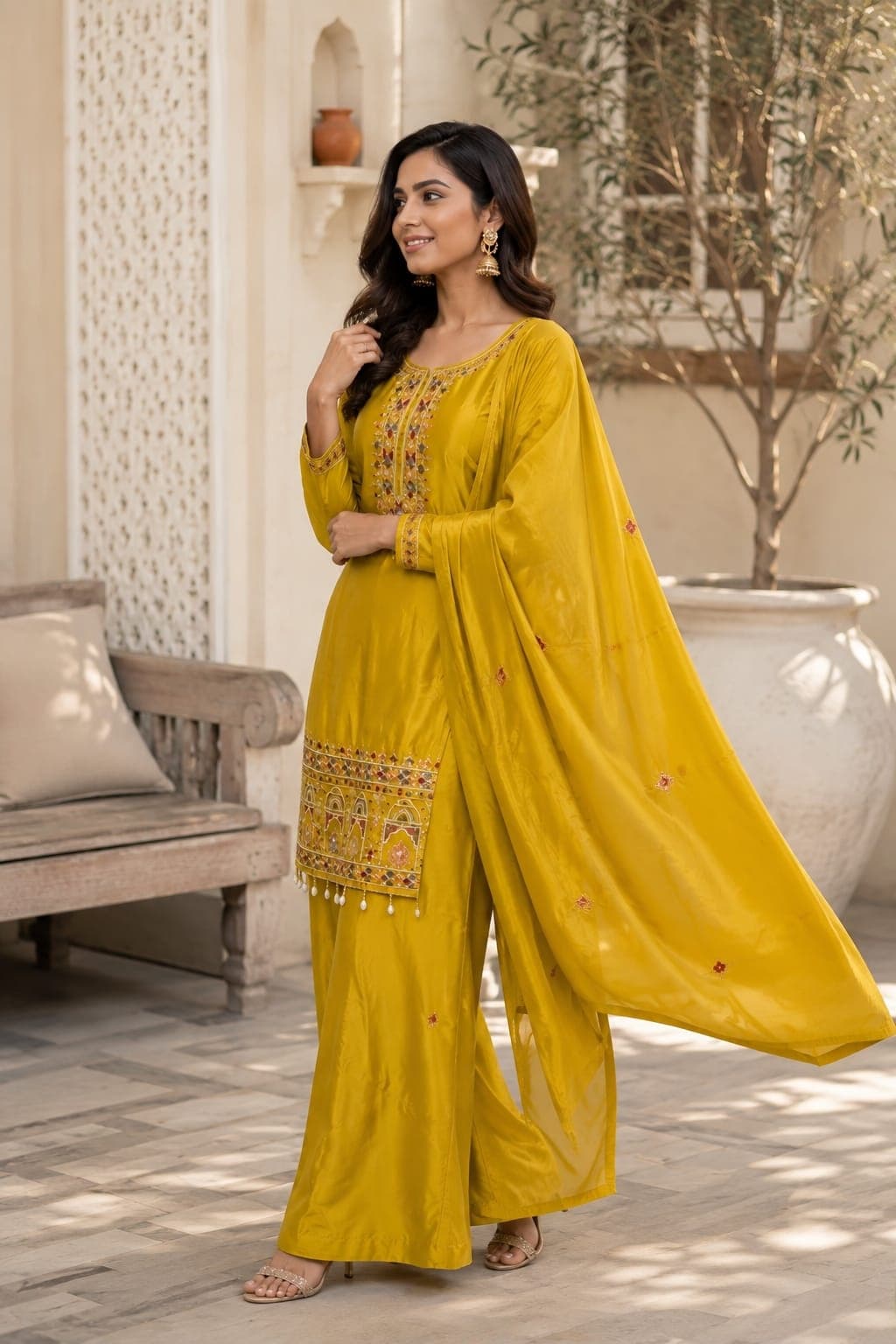 Women Ethnic Motif Embroidered Chinon Kurta Set with Palazzos and Dupatta 